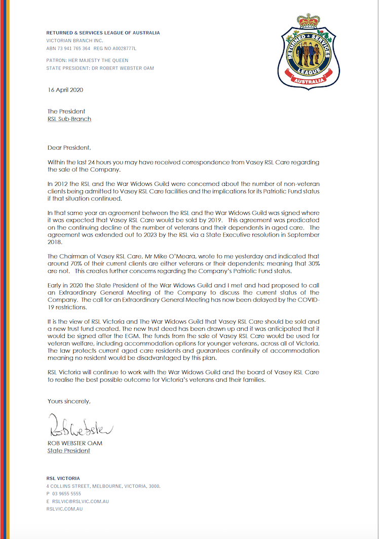 Panicked letter April 26 from RSL State President