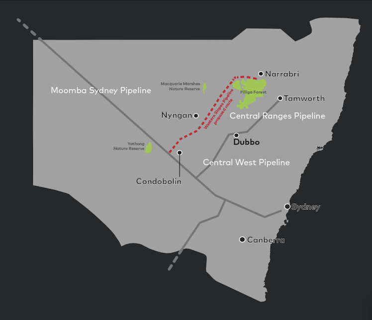 Western Slopes Pipeline from Santos’ proposed Narrabri Gas Project to the New South Wales gas transmission network, via the Moomba Sydney Pipelinefrom Santos’ proposed Narrabri Gas Project to the New South Wales gas transmission network, via the Moomba Sydney Pipeline