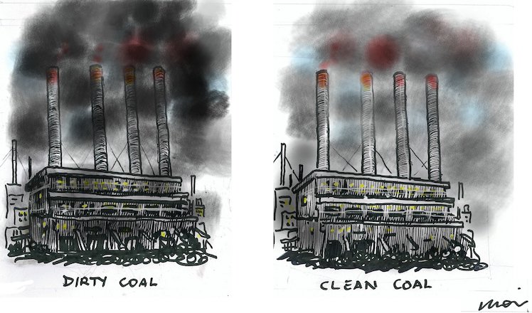 drawing of two dirty coal-fired power stations