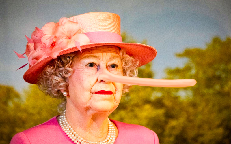 A picture of Queen Elizabeth with Pinocchio's nose