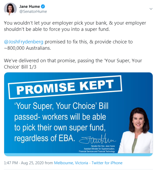 Jane Hume Tweet - Your Super, Your Choice