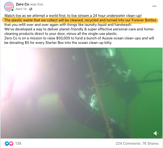 Zero Co underwater facebook post